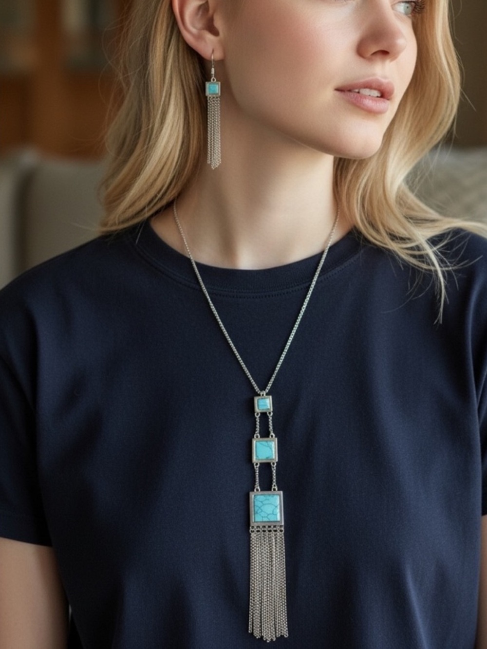Turquoise Chain Tassel Pendant Necklace - Silver Tone
